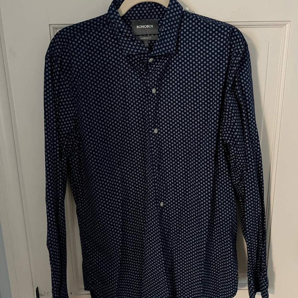 Large bonobos dress shirt - tailored slim fit. Blue with white pattern